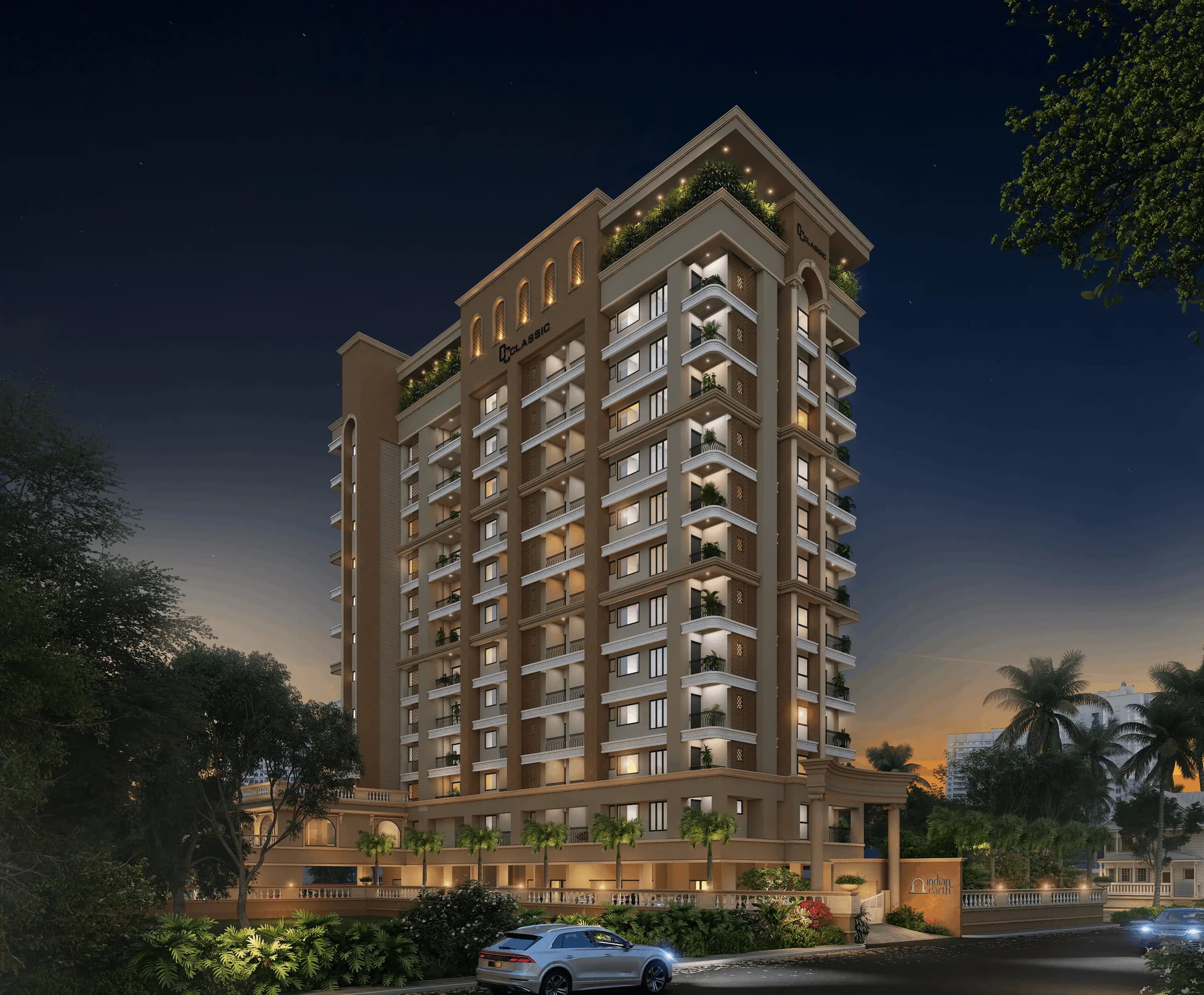 Night exterior view of Classic Indian Earth